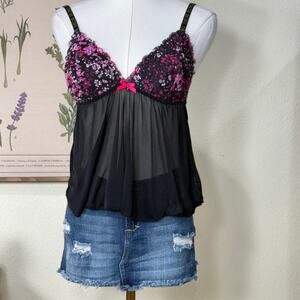Y2k BCBG Black Pink Sheer Mesh Babydoll Cami Top Rave Party Trashy Sexy Gyaru M